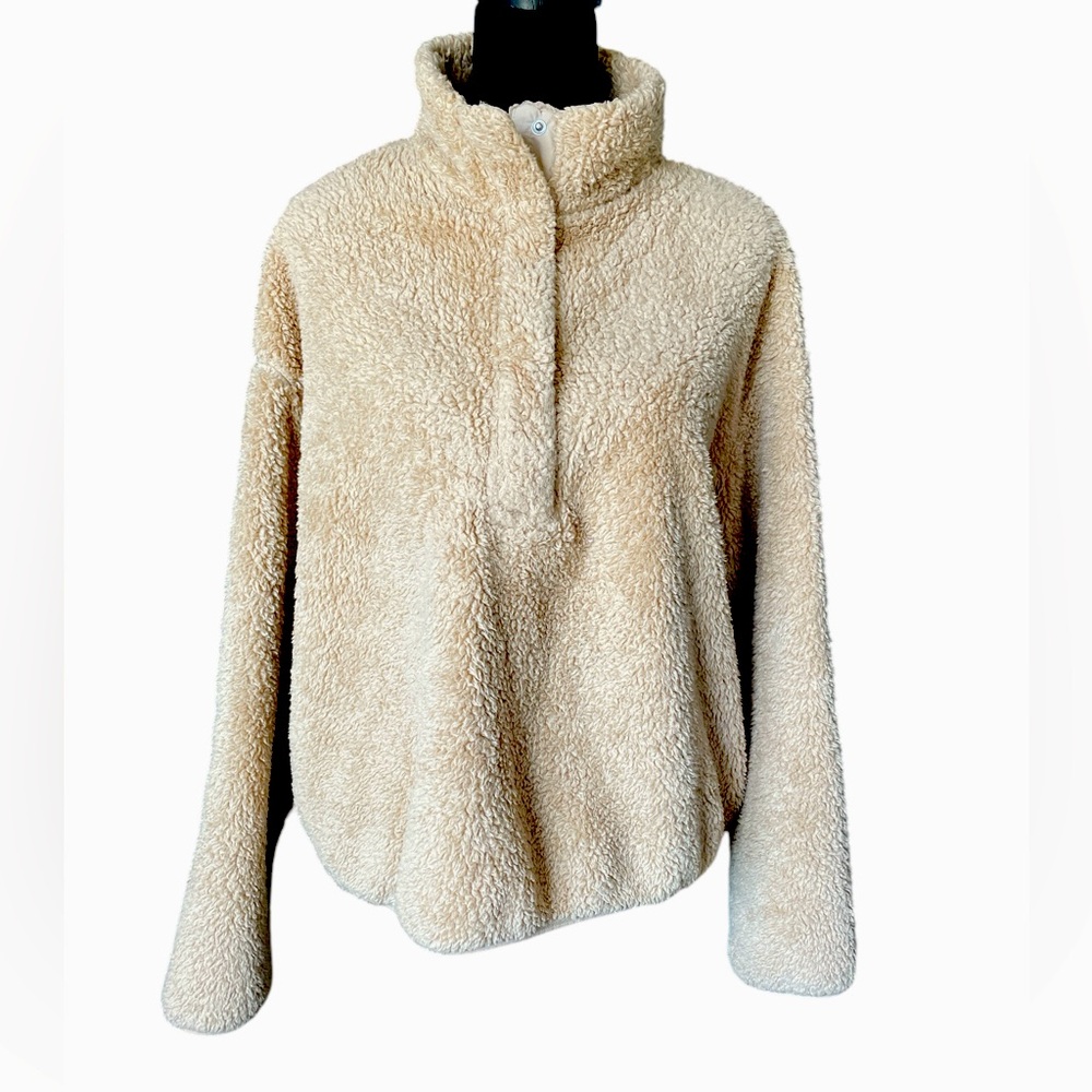 H&M Teddy Fleece Oversized Tan 1/2 Snap Pullover, Size XL, Warm & Cozy Fleece
